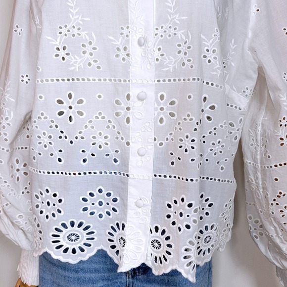 Cabi White Eyelet Cotton Blouse Large Romantic Button Up Coastal Chic Top - Picture 2 of 9